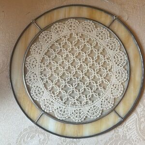 Beautiful 10” stained glass hand knit doily window or wall hanging, EUC